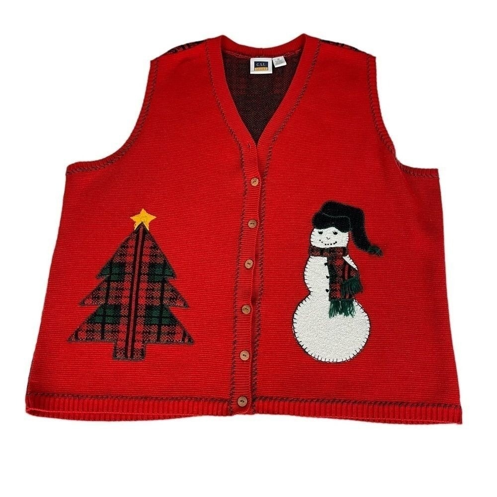 CST Sport Sweater‎ Vest Womens 1X Red Christmas Tree Snowman Knit Holiday Top